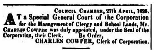 Charles Cowper Appointment as Clerk of Corporation