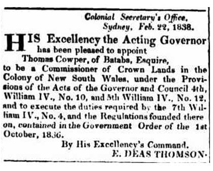 Thomas Cowper commissioner of crown lands